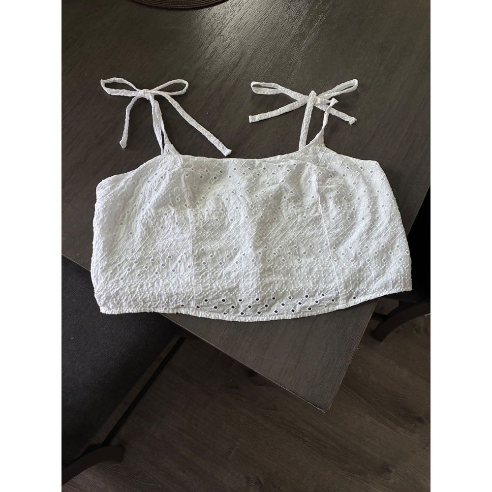 Old Navy Womens White Eyelet‎ Cotton Tie Shoulder Crop Top Tank L Cottagecore